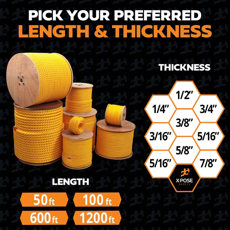 xpose safety Yellow Twisted Polypropylene Rope, 1/4" Thickness x 100' Length Heavy Duty Poly Ropes for Outdoor and Marine Use, Yellow Rope for Visibility & Safety - Image 5
